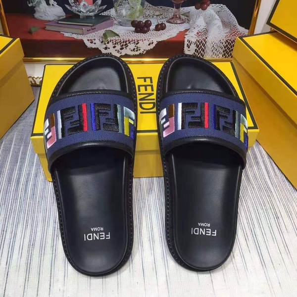 in 2019 latest models fend Slide Summer Fashion Wide Flat Slippery FF With Thick Sandals Slipper Men shoes Sandals Flip Flops with box 36-44