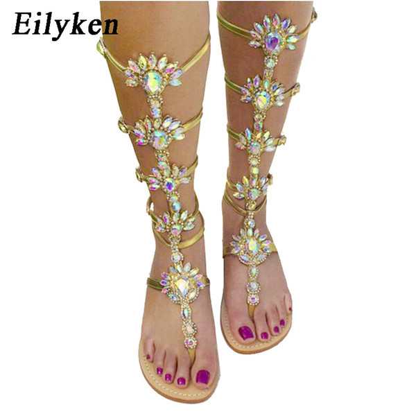 Eilyken Summer Flats Sandal Gladiator Gold Rhinestone Knee High Buckle Strap Woman Boots Bohemia Style Crystal Beach Shoes