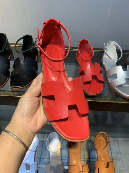 Flat Sandals Women Genuine Leather Shoes Ankle Buckle Sandals Women Designer Oran Sandals Red Open Toe Outdoor Shoes