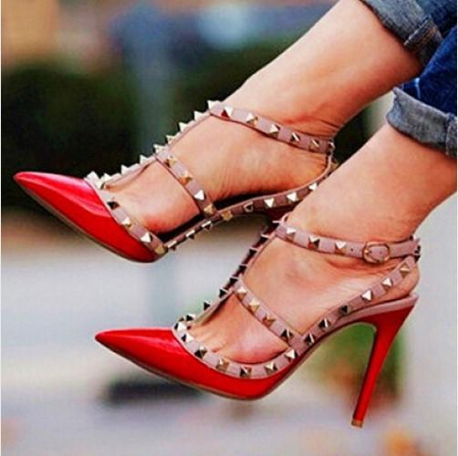 2016 New Fashion Designer Two-Tone Slingback Sandal 100mm Red Patent Leather T-Strap Pumps Women Rivets High Heels Ladies Shoes