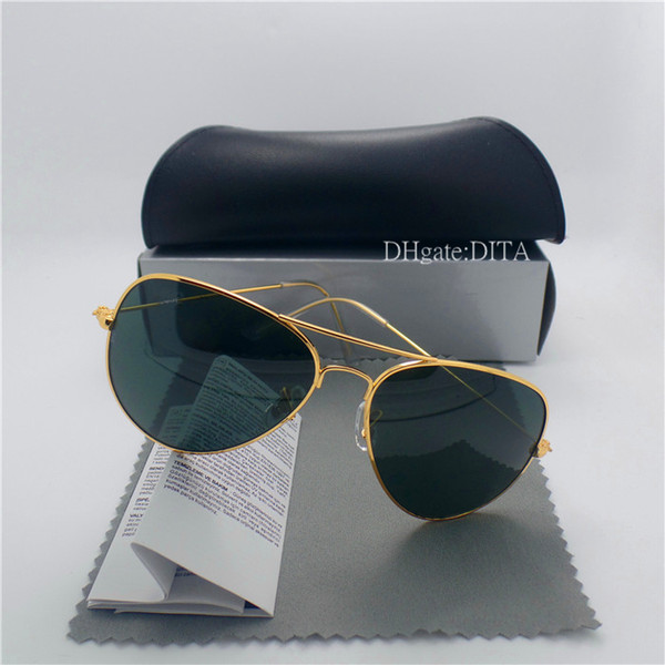 High Quality Glass Lens Brands Sunglasses Men Women Metal Frame 58MM 62MM Trends Vintage Eyewear Flat 10 Color Mirror UV400 Pilot Cases Box