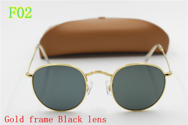 1pcs High Quality Fashion Round Sunglasses Mens Womens Designer Brand Sun Glasses Gold Metal Black Dark 50mm Glass Lenses Better Brown Case