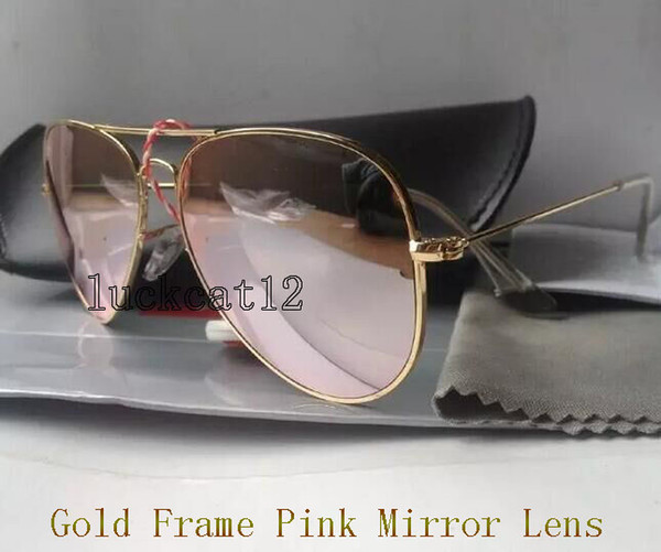 1pcs High Quality Mens Womens Designer Sunglasses Pilot Sun Glasses Gold Frame Colorful Flash Pink Mirror Glass Lenses 58MM 62MM With Case