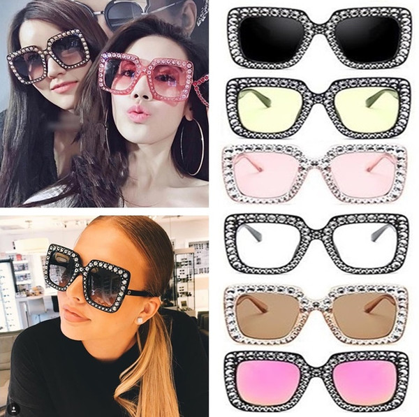 New Vintage Oversized Square Frame Bling Rhinestone Sunglasses Luxury Brand Crystal Women Fashion Shades Bling Sunglasses 60pcs T1C150