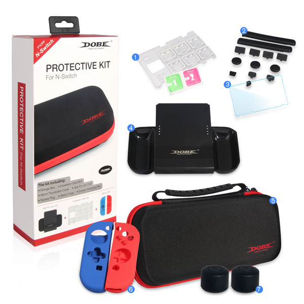 hot sale 7 IN 1 Protective Kit with Carrying Bag Joy-con Silicone Case Charger PET Film Handle Grips Dust-proof for Nintend Switch