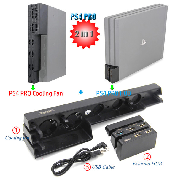 hot sale 2 in 1 PS4 PRO Mulitfunction Cooler Cooling Fan & 5 External USB HUB for Sony Playstation 4 PS4 Pro free shipping