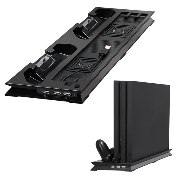 Multifunctional PS4 Pro Vertical Stand Dual Cooling Fan Vertical Stand with 2 Controller Charging Dock Station for Sony Playstation Pro 4