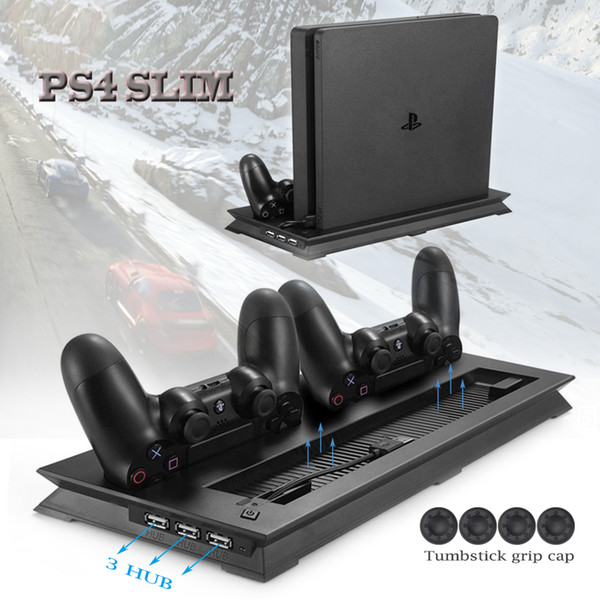 PS4 Slim Vertical Stand Cooling Fan Cooler & Dual USB Charger Charging Dock with 3 Extra HUB for Playstation 4 PS4 Slim + 4 Caps