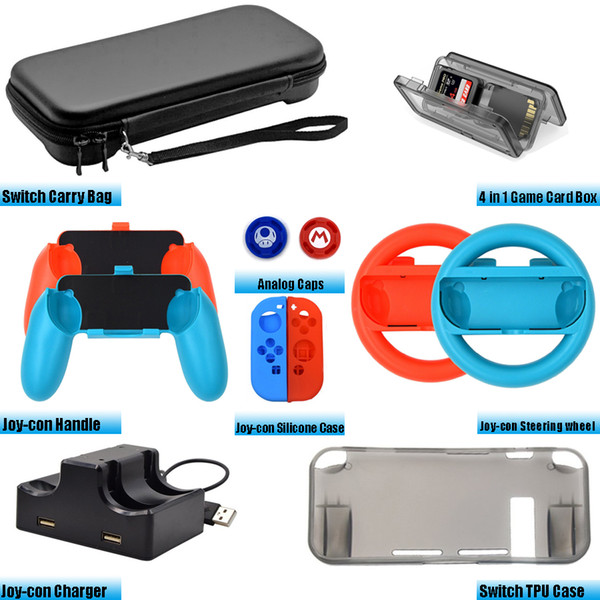 Accessories Kit for Nintend Switch Games Steering Wheel Grip Caps Carrying Bag Controller Charger TPU Protective Case (12 In 1)