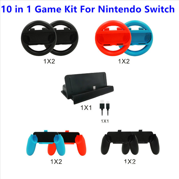 10 in 1 Accessories Set for Nintend Switch 4 * Steer Wheel Handle for Joy-con Grip 4 * Controller Grips Type-C Cable Charger