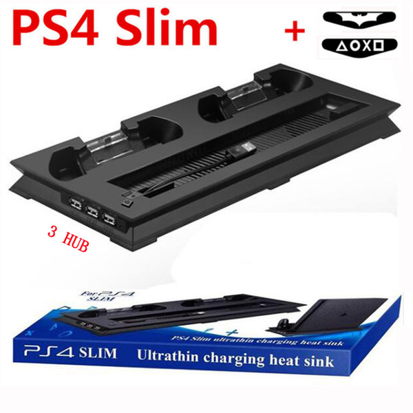 Vertical Stand Dual USB Charger Charging Dock+Cooling Fan Cooler with 3 Extra HUB for PS4 Slim Console Led light bar