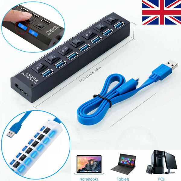 7 Ports USB 3.0 HUB LED High Speed Splitter Extender Cable AC Adapter