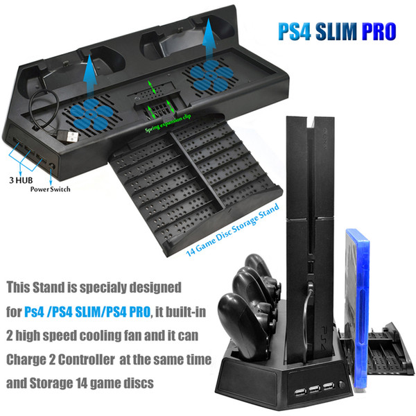 PS4 Pro Slim Vertical Stand Cooling Fan with Dual Controller Charging Station and 3 Extra HUB Ports For Sony Playstation 4 PS4