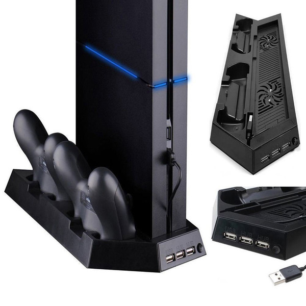 Freeshipping For PS4 All-In-One Cooling Station Vertical Stand with 2 Controller Charging Dock PlayStation and USB HUB Ports gaming accessor