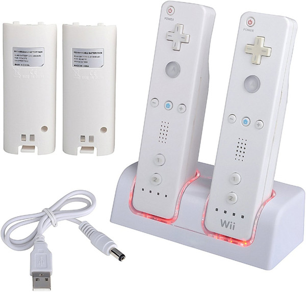 Dual Charging Station with 2 Rechargeable Batteries & LED Light for Wii / Wii U Remote Control, White, Original Wii Controllers Not Included