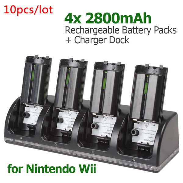 10pcs/lot Universal 4 x 2800mAh Rechargeable Battery Packs + Charger Dock Stand Station for WII Remote EGS_810