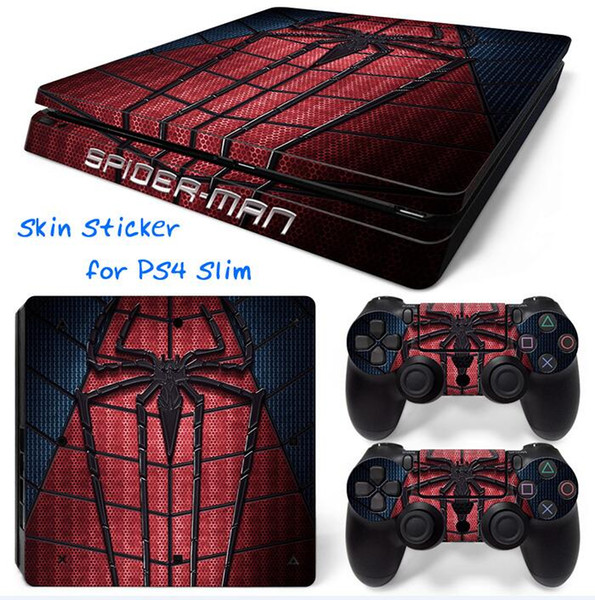 Cool Spider-man Style Vinyl Skin Sticker Protector PVC Decals For Sony PS4 Slim Console Skin + 2 PCS Controller Cover Decal Skin Stickers