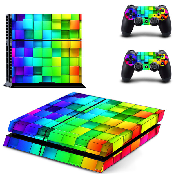 PS4 Console and Controllers Vinyl Skin Decal Stickers Kits for Playstation 4- Rainbow Square Blocks(0270)