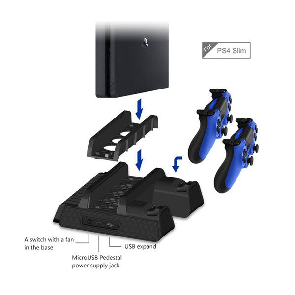 2018 Vertical Stand PS4 Pro Slim Dual Controller Charging Station Dock Cooling Fan with Game Storage Slots