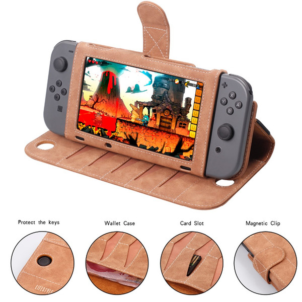 NS Flip Leather Case Wallet Protective Cover for Nintend Switch Gamepad 10 Card Holeders & Stand Function Joy-Con Case