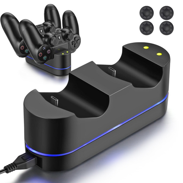 5V PS4 LED Indicator Dual USB Controller Fast Charging Station Dock Charger & 4 Thumbstick Caps for Playstation 4 PS4