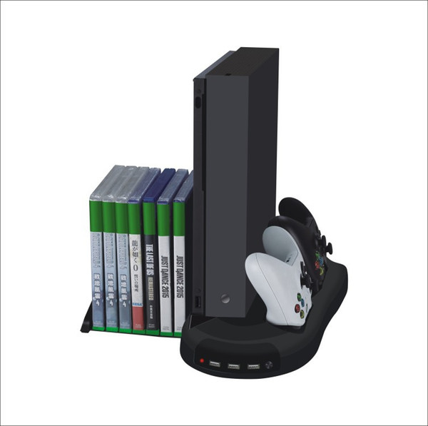 Vertical Stand Cooling Fan w/ Game Discs Storage & Dualshock Charger, Controller Charging Station for Xbox One X With Indicator