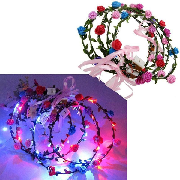 Fashion LED Flashing Rose Flower Festival Headband Veil Wedding Light-Up Floral Garland Hairband Daughter Best Gift