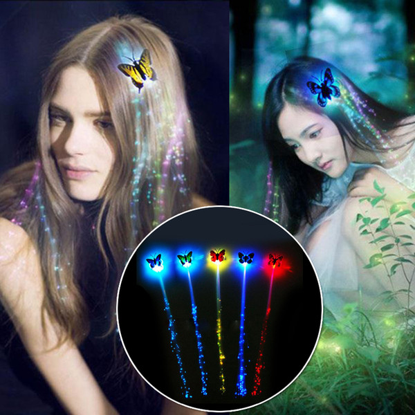 LED Hair Extension Light Emitting Hair Glow By Fiber Optic Braid Plait Luminous Wig Party Prom Supplies Flashing Butterfly Hair Accessories