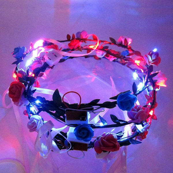 New Fashion LED Flashing Rose Flower Festival Headband Veil Wedding Light-Up Floral Garland Hairband Daughter Best Gift