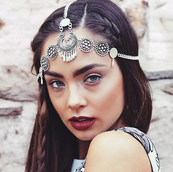 European And American New Vintage Ethnic Style Metal Engraving Drop Tassel Headband Hair Band Fashion Hair Accessories Traval