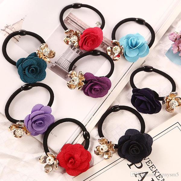 1PC Gold Plated Crystal Rose Flower Hair Rubber Bands Black Elastic Gum Headwear Women Girl Ponytail Holders Hair Accessories