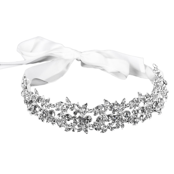 Bridal Handmade Luxury Rhinestone Wedding Party Hairband Hair Band Austrian Crystal Floral Leaf with Ribbon Tie Band