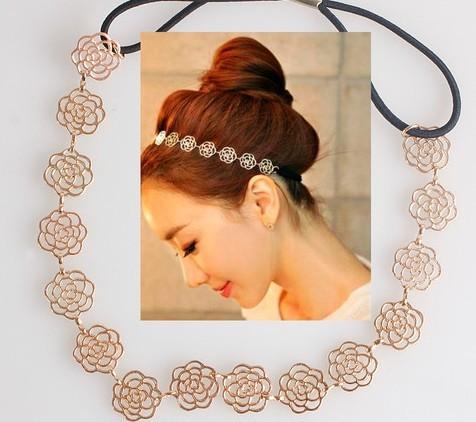 Womens Fashion Hot Lovely Metallic Sweet Lady Hollow Rose Flower Elastic Hair Band Headband Jewelry Headwear order<$18no track