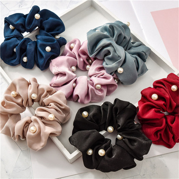 Women Headband Girls Scrunchies Solid Silk Hair Tie with Pearls Ponytail Holder Gold Side Hair Scrunchies Bracelet Accessories