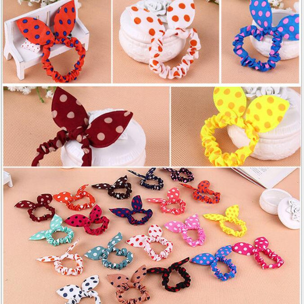 100Pcs/lot Children women Hair Band Cute Polka Dot Bow Rabbit Ears Headband Girl Ring Scrunchy Kids Ponytail Holder Hair Accessories