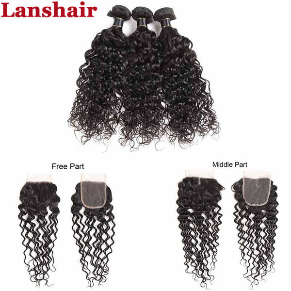 Brazilian Virgin Human Hair Bundles With Lace Closure Water Wave Brazilian Remy Hair Weave With 4X4 Closure Natural Black Cheap Hair Weft