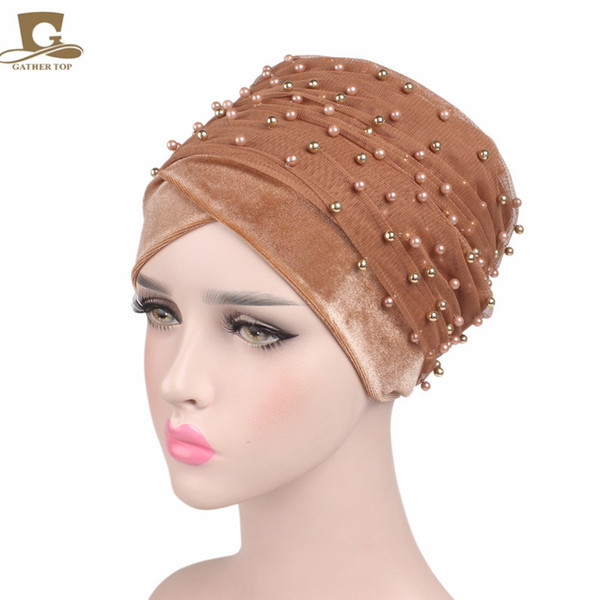 2017 New Luxury Mass Gold Beaded Mesh Head wrap Velvet Nigerian Turban Women Hijab Extra Long Head scarf Headscarf Turbante