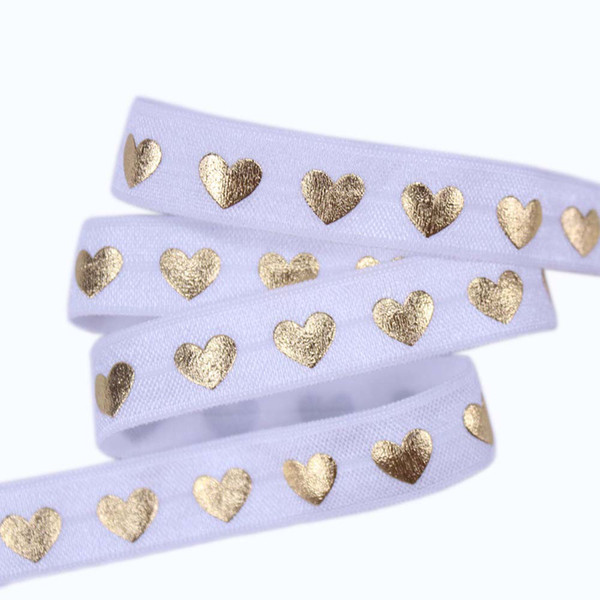 2018 New 5/8'' Gold Foil Hearts Fold Over Elastic Fashion Headbands Children Headwear Nylon Hair Band 50yards/Lot