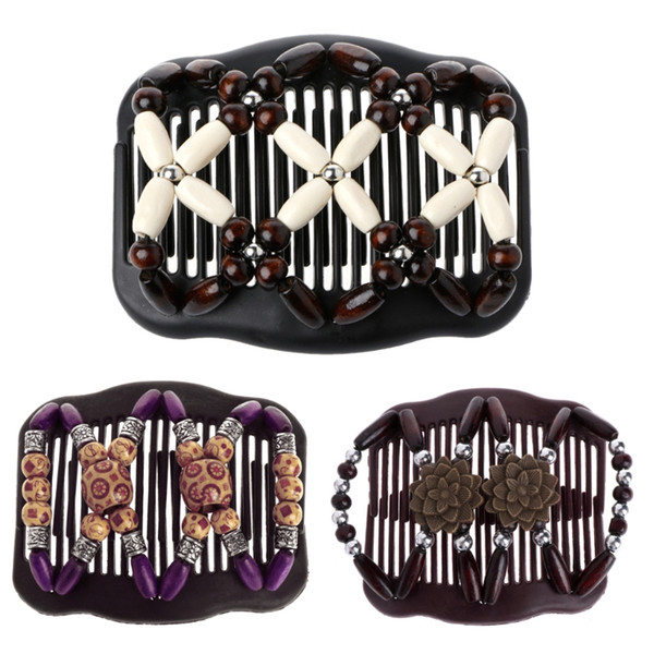 Vintage Butterfly Simulated Wood Bead Stretchy Hair Combs Double Magic Slide Comb Clip Hairpins For Women Hair Accessories