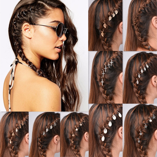 Haimeikang 10PC Hair Braided Ring Gold Silver Circle Leaf Clip Hairpin Jewelry Design Dreadlock Hoop Circle Hair Accessories
