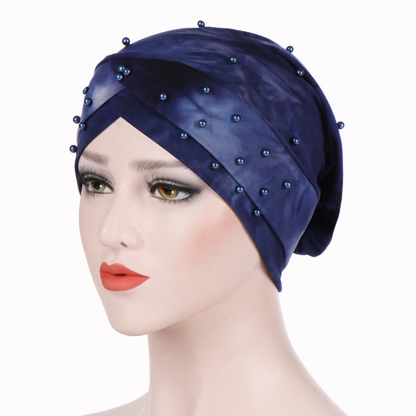 New Women Elegant Beaded Turban Cap Stretch Cotton Muslim Hat Tie Dyed Beaded Bandanas Female Headwear Chemotherapy Hat