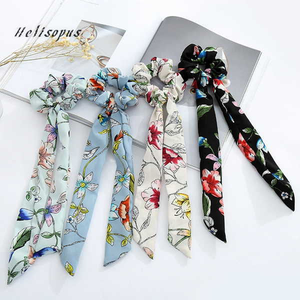 Helisopus Hair Bands Chiffon Bow Long Hair Scrunchies Ladies Fashion Vintage Floral Printed Rope Women Accessories