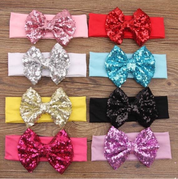 New Posh Girls Headband ,Knit Cotton Girls Heaband ,Baby Hair Accessory With Sequins Big Bow ,Sequins Bow Baby Headwraps E0058