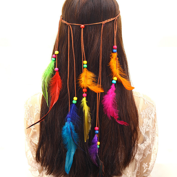 100PCS Bohemia style Women girls peacock feather headband hippie hair accessories women Indian headdress braid hair band Head Rope