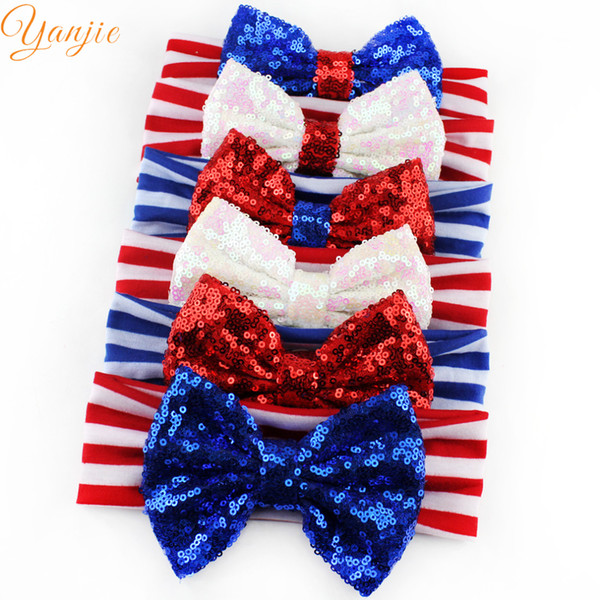 6pcs Lot Girls And Kids 4th Of July Headbands Large Sequin Bow Striped Headband 2017 Fourth Of July Hairbow Hair Accessories