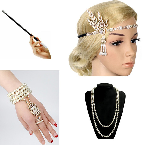 Hot 1920s Charleston Party Flapper Girl Rhinestone Headband Pearl Necklace Bracelet Cigarette Holder Great Gatsby Accessorie Set