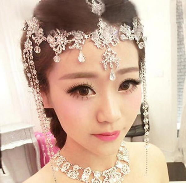 Luxury Fashion Wedding Bridal Silver Crystal Rhinestone Headband Hair Accessories Princess Tiara Forehead pieces Earrings Jewelry Set HT64