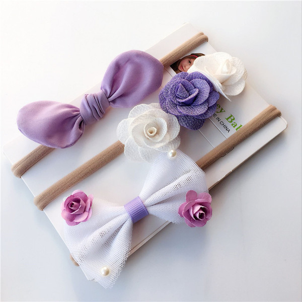 3Pcs Set Baby Girls Textile Flower Headband Rabbit Ears Elastic Hairband For Bebe Kids Children Hair Accessories