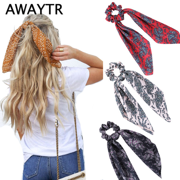 AWAYTR New Fashion Sweet Print Scrunchie Women Ribbon Elastic Hair Band Bow Scarf Hair Rubber Ropes Girls Accessories