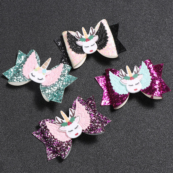 8styles Elk Unicorn Clips Sequin Glitter Baby Girls Hair Bow Hairpin Girls Bowknot Barrette Kids Hair Boutique Bows Children gift 600pcs